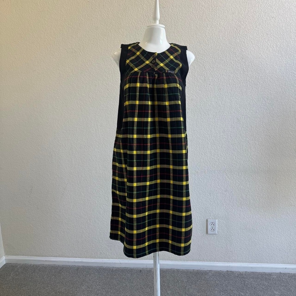 Vintage 90s Japanese Sports Black, Yellow, and Red Plaid Dress.